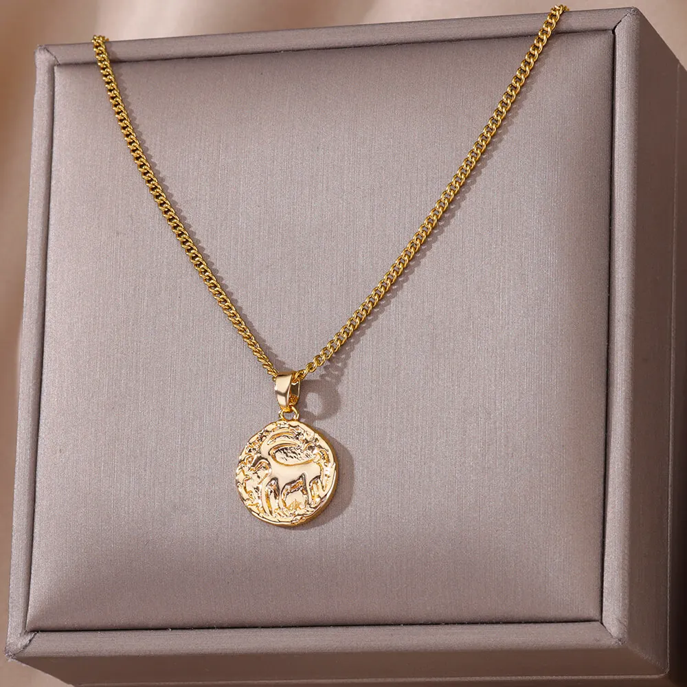 Embossed Twelve Constellations Zodiac 316L Stainless Steel Necklace for Women Jewelry Gold Color Pendant Luck Accessories