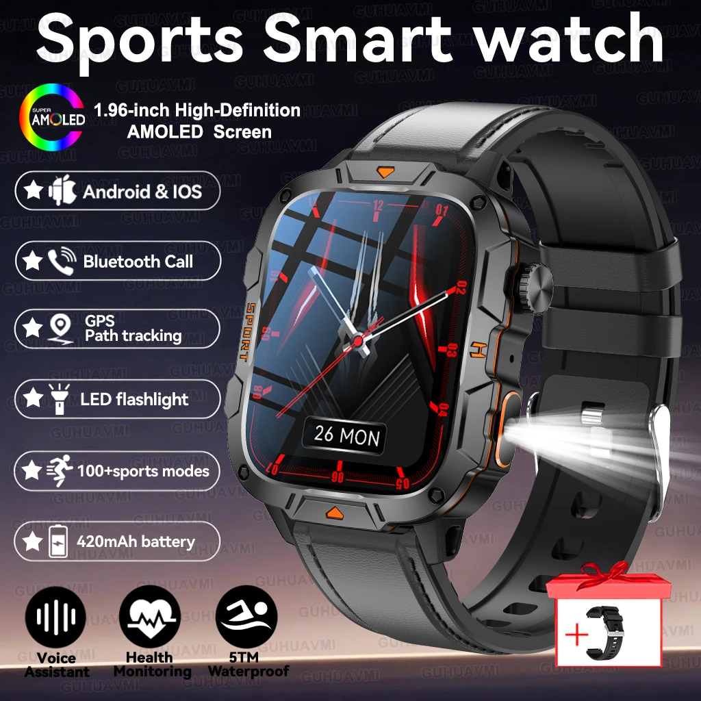 2025 For Xiaomi Outdoor Sports Smart Watch GPS trackr 5ATM Flashlight 1.96" HD Display Screen Bluetooth call Men Fitness Watches