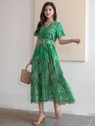 GypsyLady Elegant Floral Embroidery Dresses for Women Summer Cotton Pink Green Yellow Hollow Out Vocation Women Chic Lady Dress