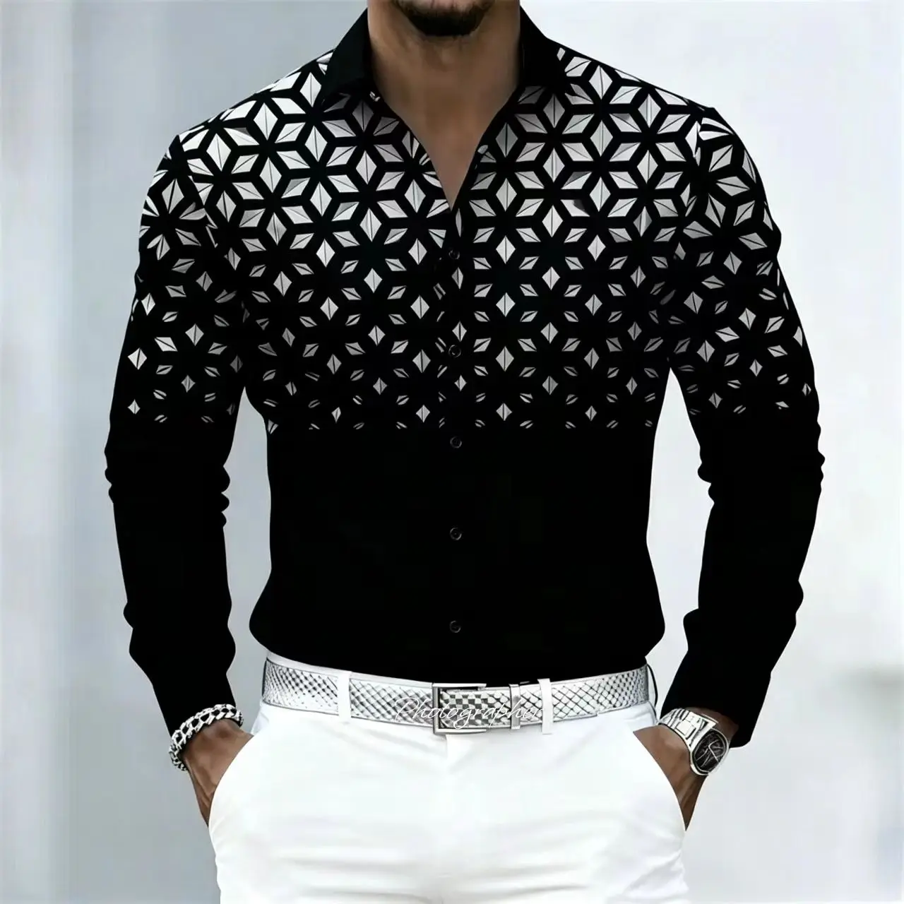 Chemise à manches longues imprimée à motifs géométriques pour hommes, décontractée et élégante, confortable et respirante