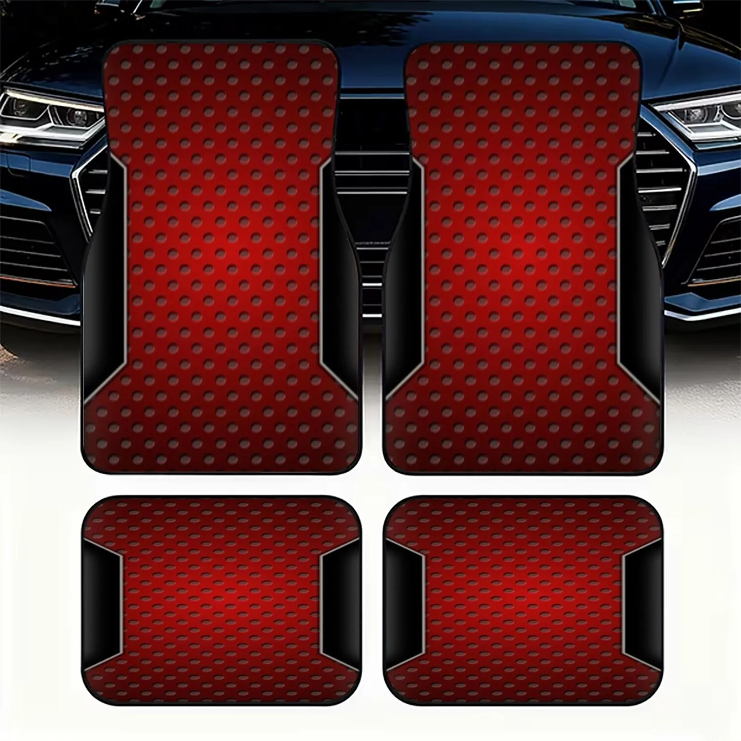 4pcs Car Floor Mats, Red Perforated & Black Metallic Design, Material, Sleek Industrial Style, Fit Most Cars, Enhance Interior A