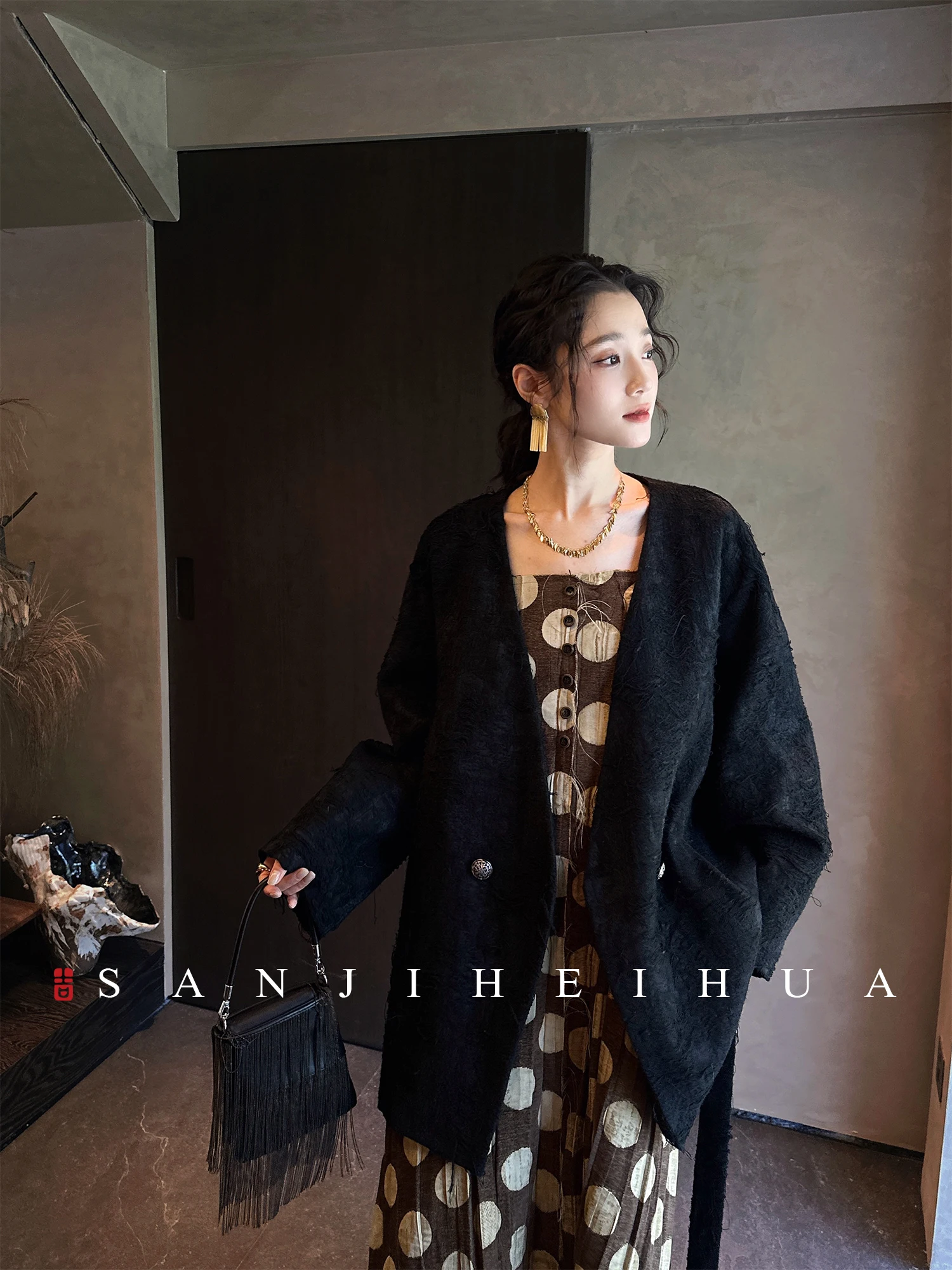 

Sanji Bla Flower Double Layer Weave Tassel Trim Fce Lined Zen Sle Coat Casual Commute Sle Waterproof Nylon Fabric