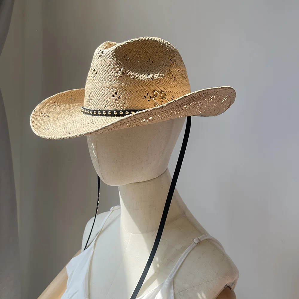 European American Wide Brim Cowboy Straw Hat Letter Print Women UV Sun Hat Summer Beach Cap