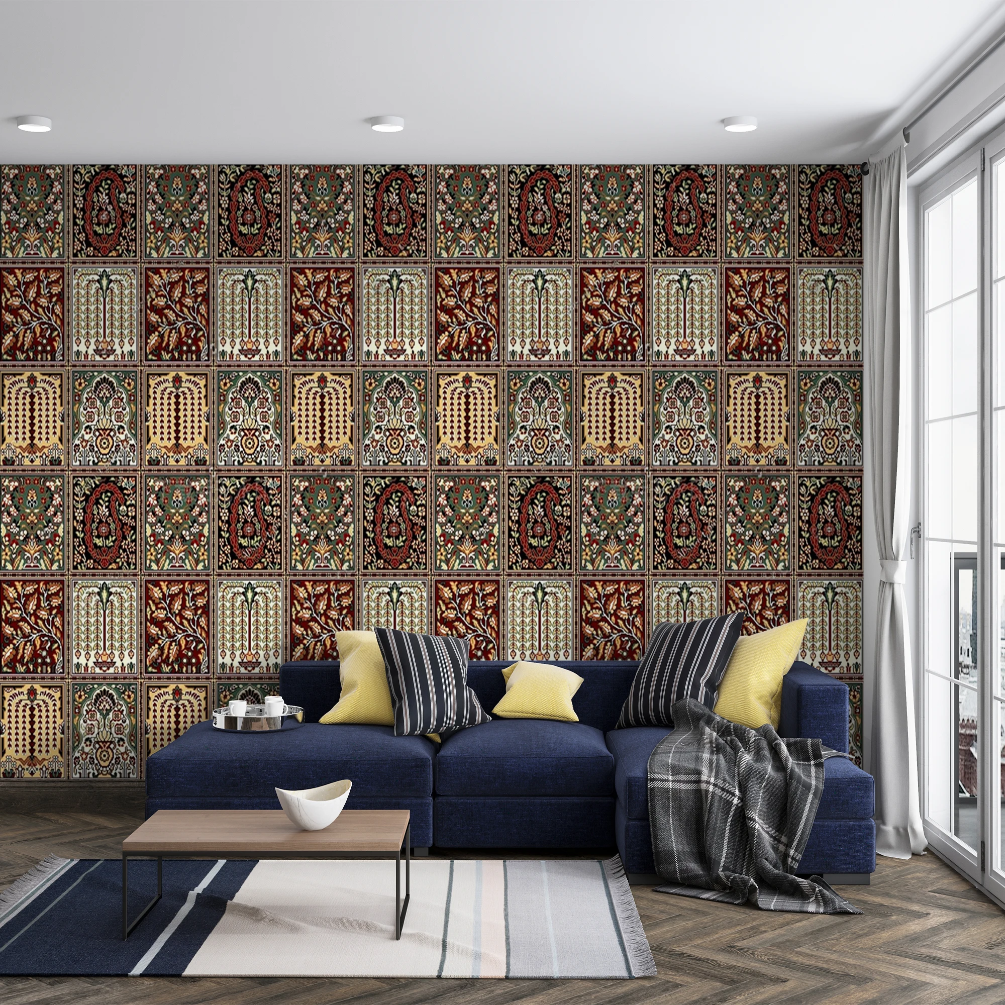 Milofi Vintage Moroccan Tile Wallpaper Retro Floral Geometric Mosaic Wall Mural for Living Room Kitchen Home Wall Decor