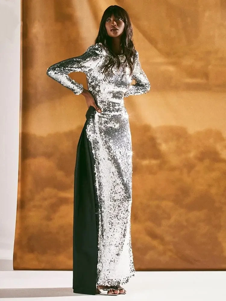 

Sexy O Neck Pearl Beaded Sparkly Sequins Long Dress Women Sliver Long Sleeves Backless Bow Slim Dresses Celebrity Party Evening