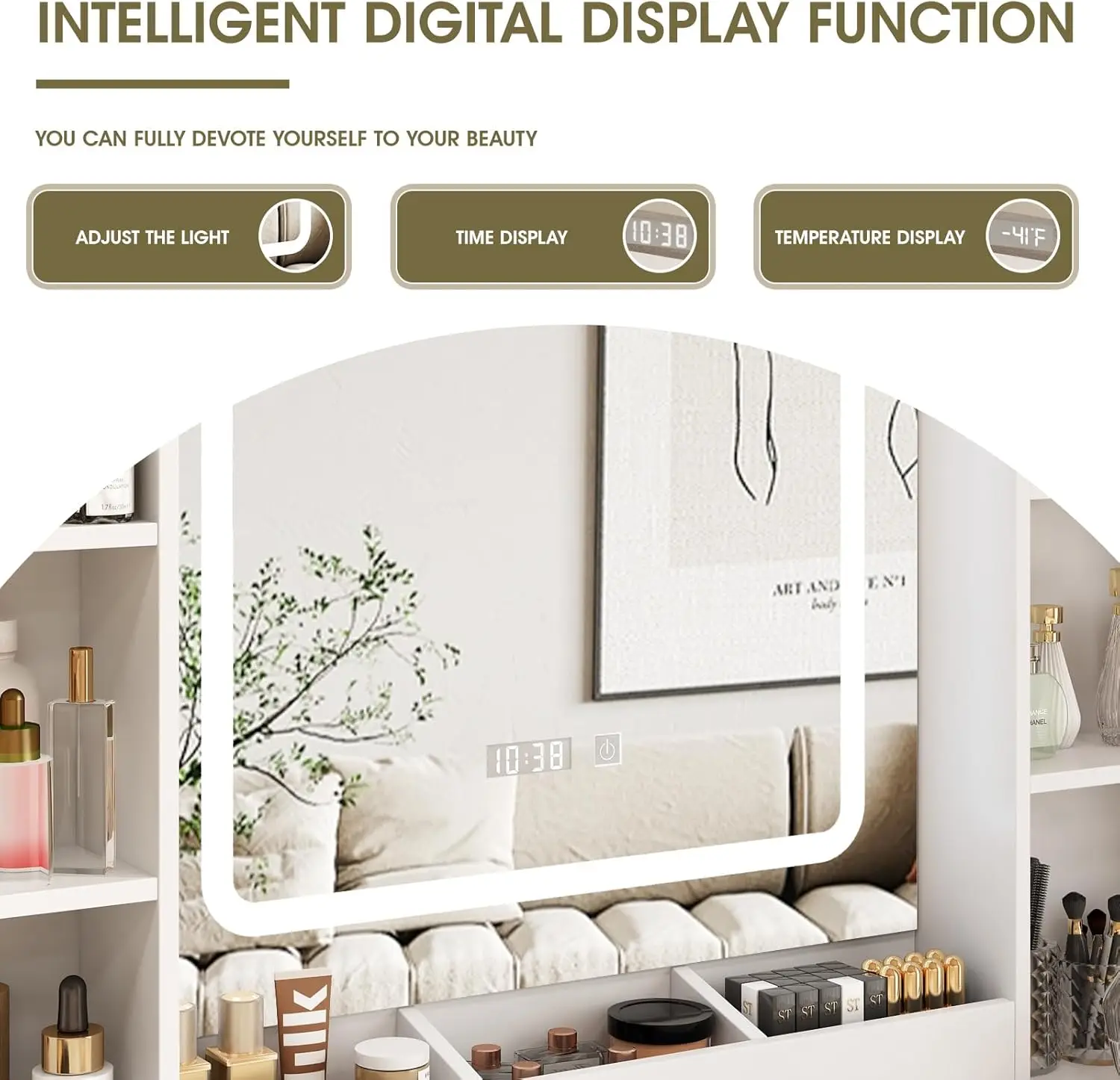 LED 조명이 있는 화장대, 서랍 3개, 캐비닛 2개, 조명 조절 가능, 흰색