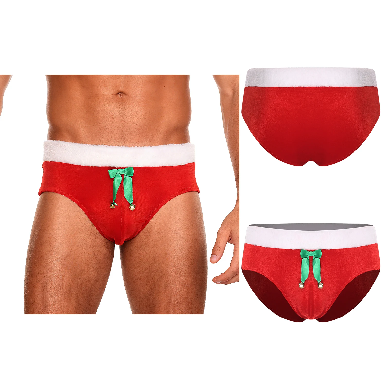 Men Christmas Velvet Briefs Plush Waistband Bow Bells Bulge Pouch Underwear Sexy Lingerie Xmas Santa Claus Night Club Party Wear