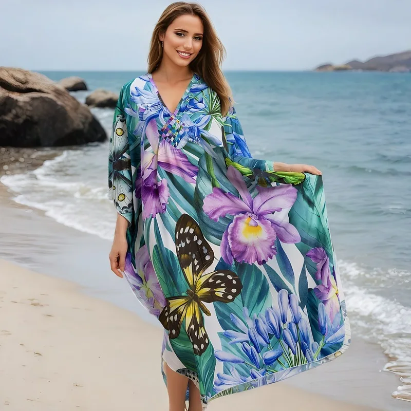 Women's Floral Printed Beach Sunscreen Bikini Cover Up Robe Swimsuit Outerwear Four Way Stretch Beach Shirt