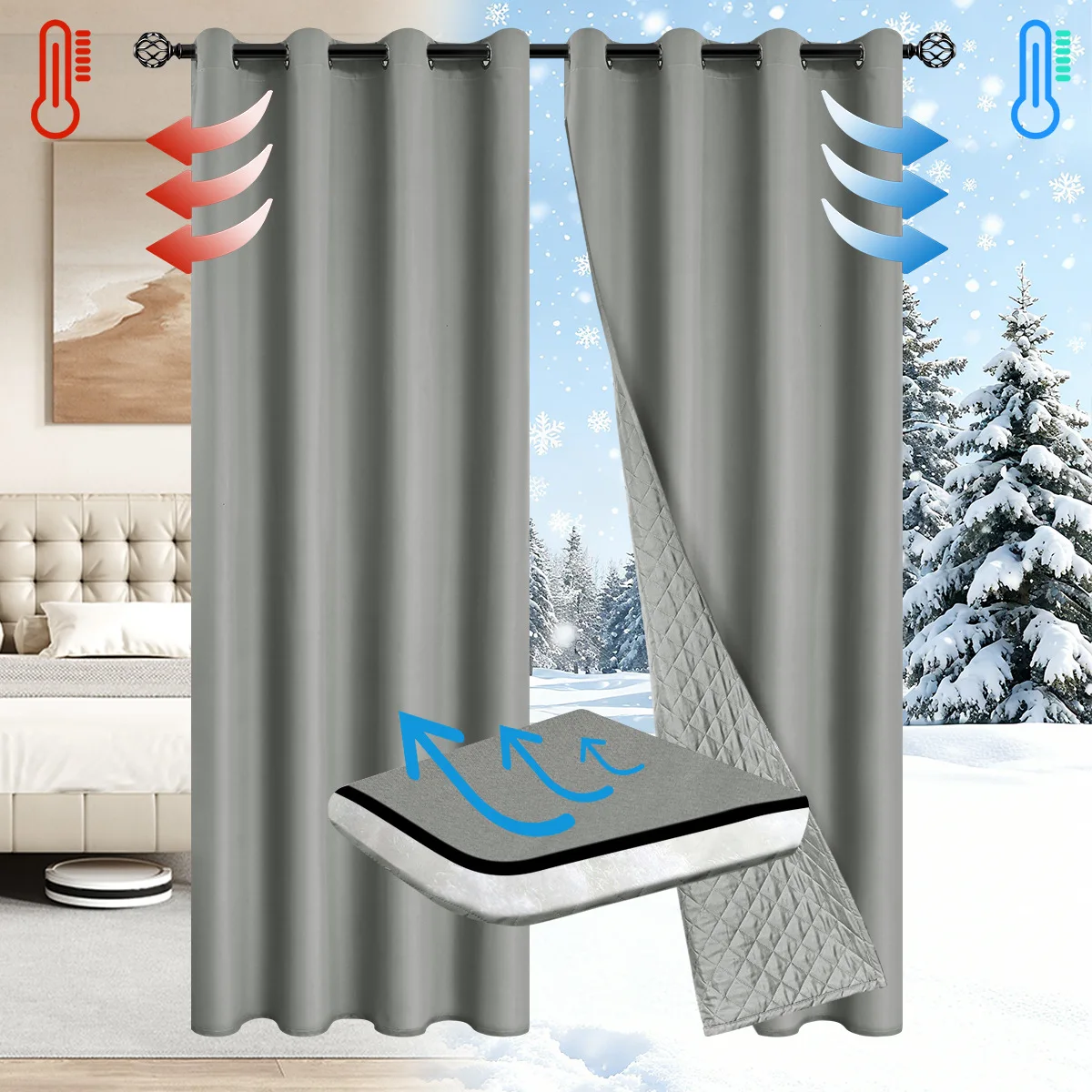 1panel Solid Colour Winter Curtain, 100% Blackout Warm Curtains for Living Room, Bedroom, Add Cotton Curtains Grommet Top