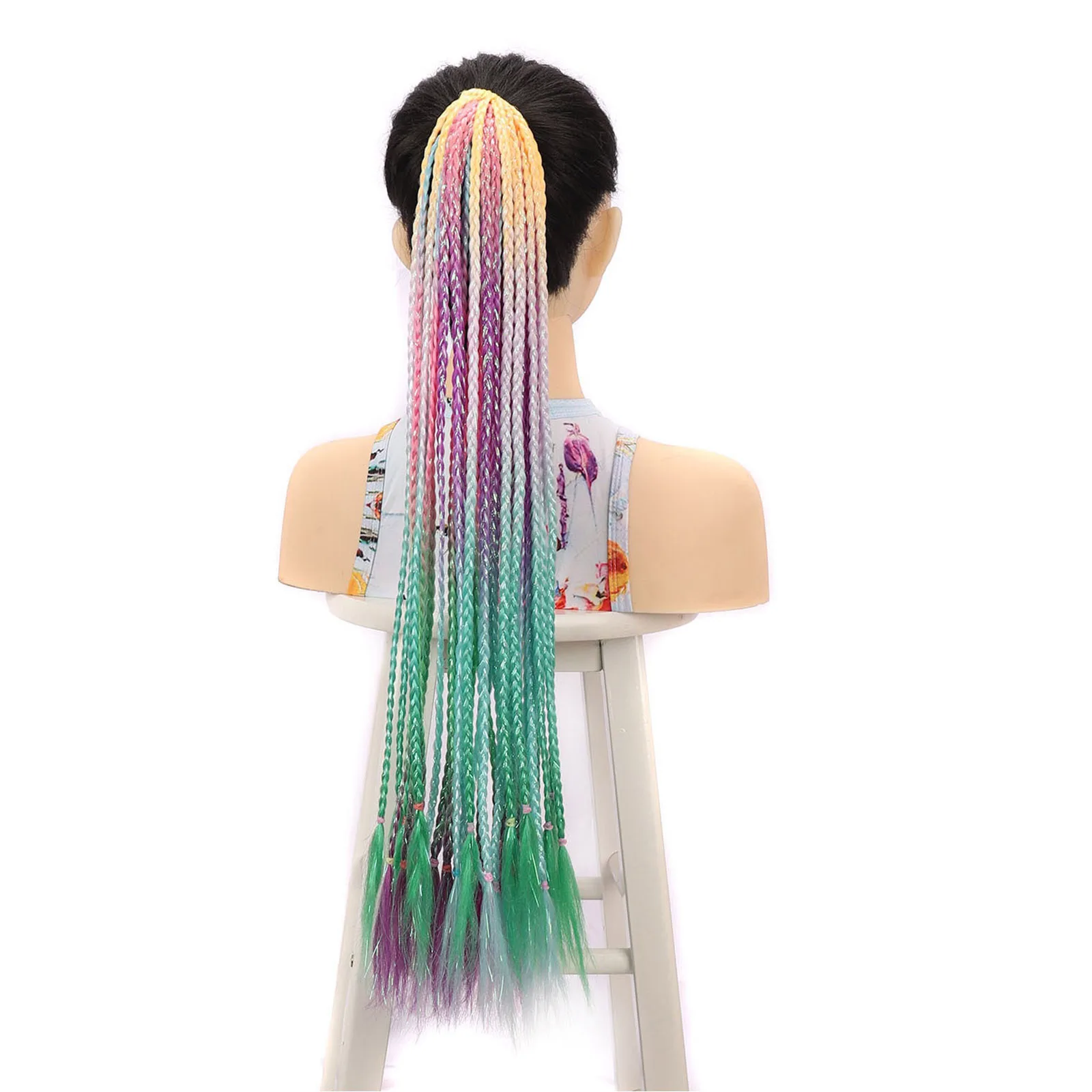 Synthetic Colored Braids Hair Extensions with Rubber Bands Rainbow Ponytails Braided Colorful Hair for Girls Kids Crazy Hair Day view 5