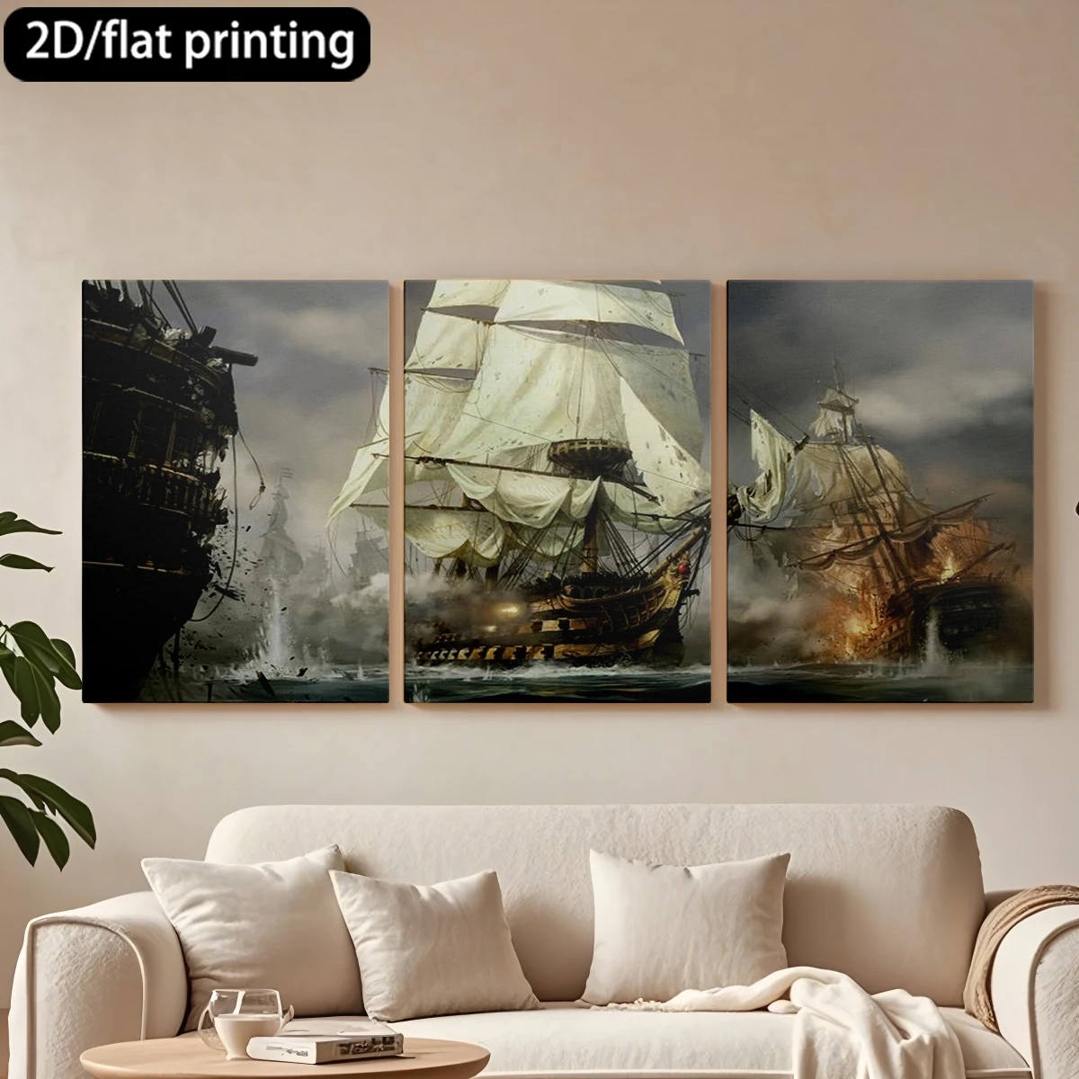 Pintura decorativa en lienzo con marco de madera de 3 piezas, batalla naval, barco de vela, turbulencia. Decoración para pasillo y dormitorio.
