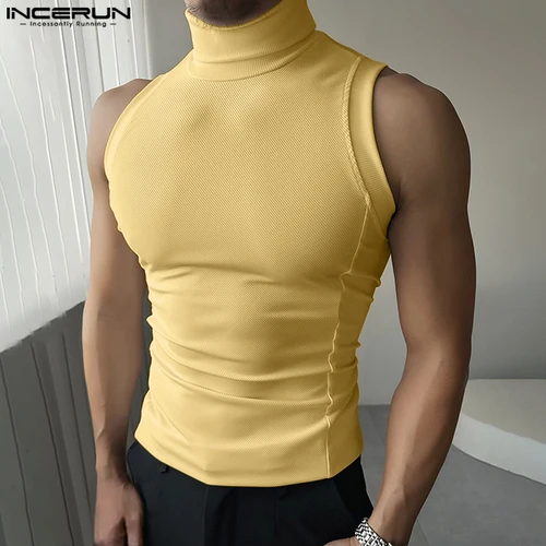 Imagen 2 del producto Tops de estilo informal a la moda INCERUN 2025, chalecos con diseño de textura sólida para hombre, camisetas sin mangas de cuello alto que combinan con todo para hombre guapo, S-3XL