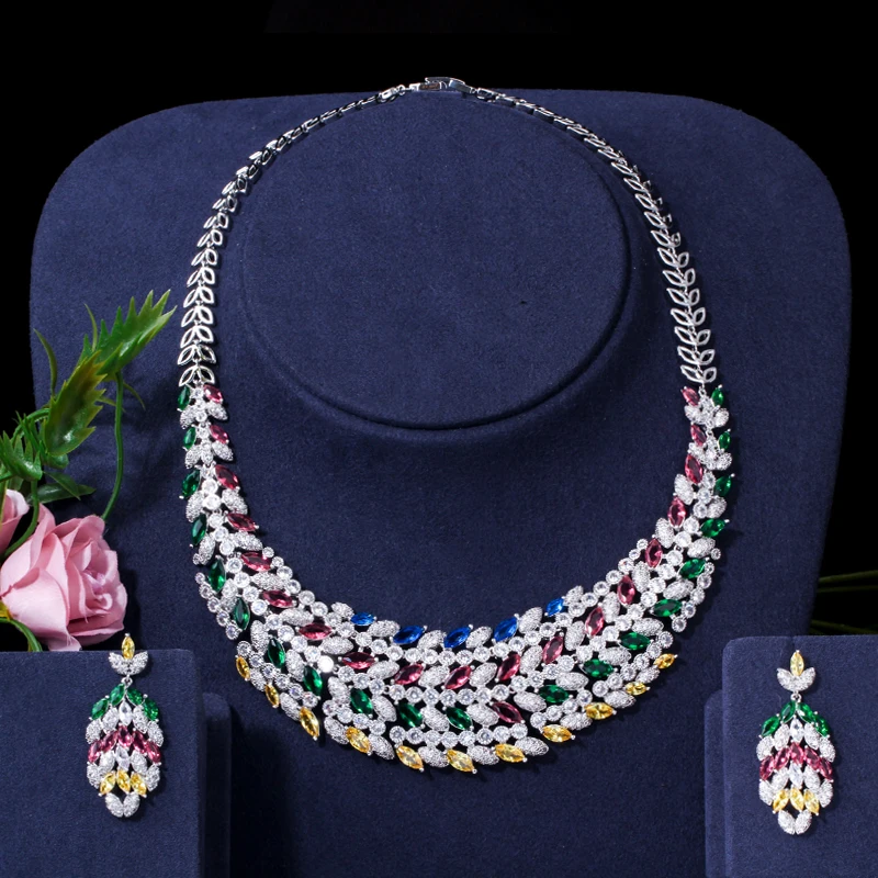 

ThreeGraces Multicolor Cubic Zirconia Luxurious African Dubai Necklace Bridal Wedding Party Jewelry Sets for Women T1027