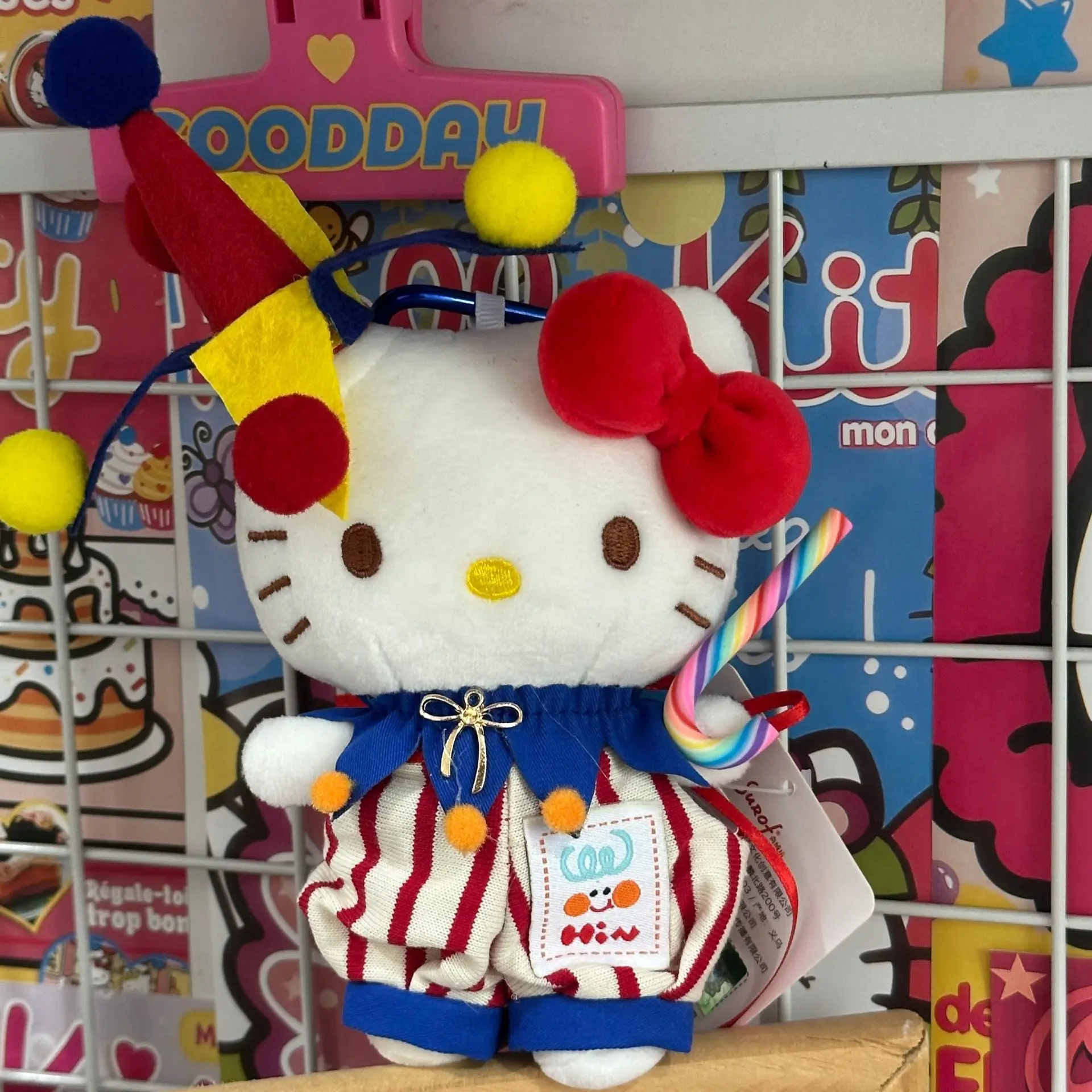 

Hello Kitty Plush Keychain Clown Style Striped Outfit Colorful Pom-pom Hat Lollipop Cute Plush Pendant Doll Bag Accessories Gift