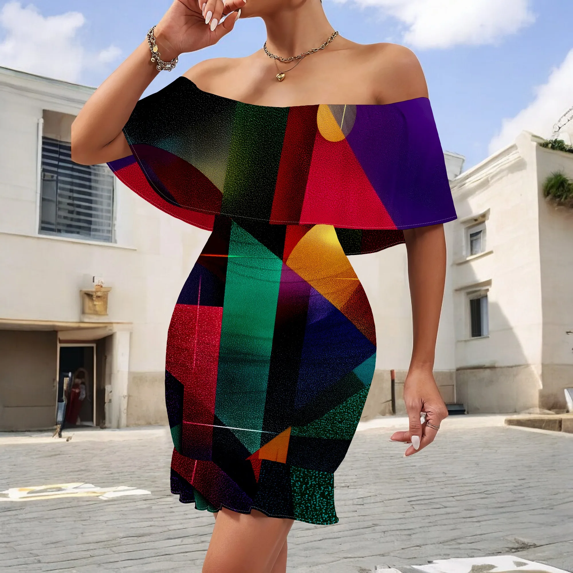 

Colorful Geometric Print Mini Dress S-3XL Off Shoulder Bodycon with Ruffle Hem for Art Show, Cocktail Party or Holiday Look