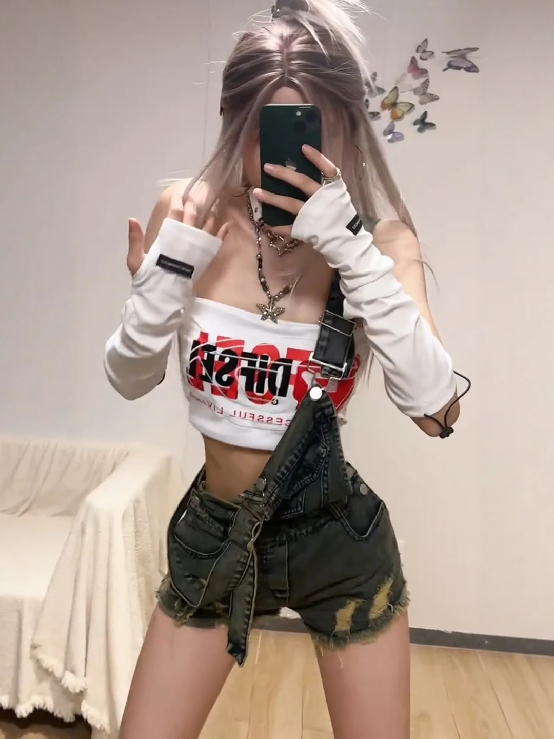 

Retro American Spicy Girl Denim Overalls Sleeveless Tube Top Set Women Summer New Sweet Cool Outfit Short Cotton Shorts