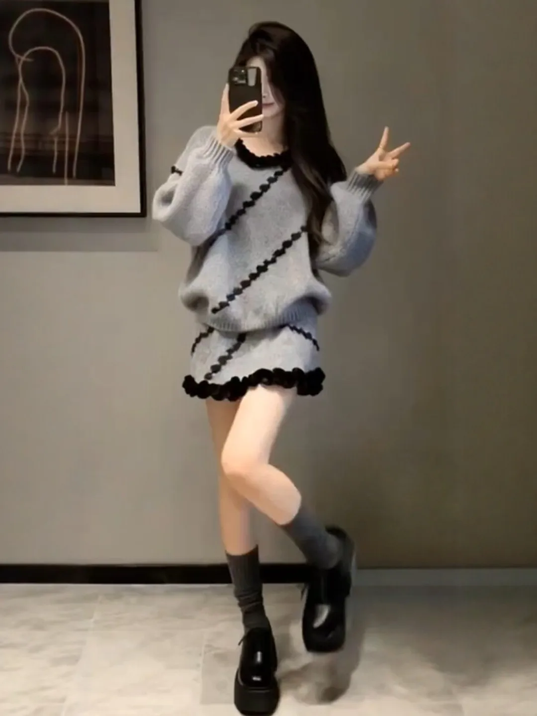 

Unique Knitted Top And Skirt Two-Piece Set Comfortable Mid-Spring Faion Korean Sle round Ne Long Sve High Waist