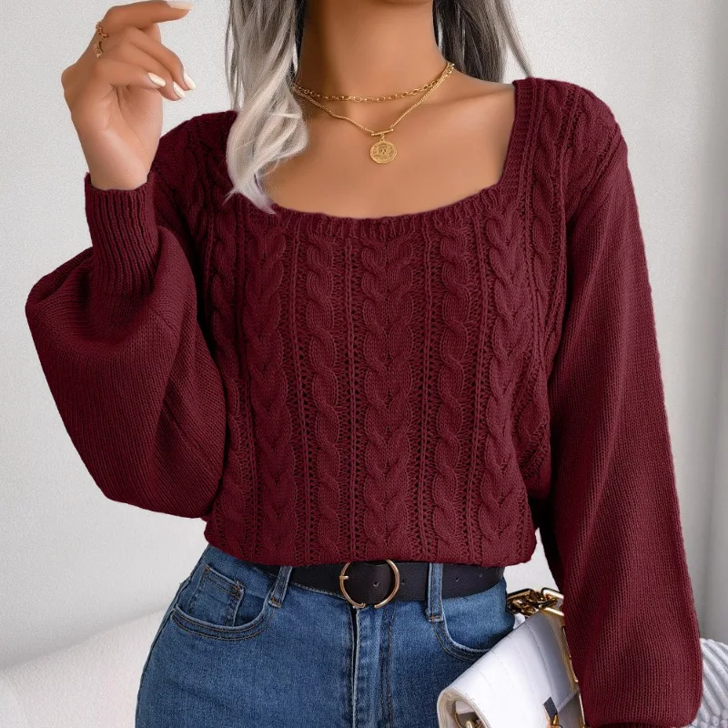 Autumn and Winter Women\'s Pullover Square Neck Screw Thread Lantern Sleeve Long Sleeve Sweater Knitted Underlay Casual Tops