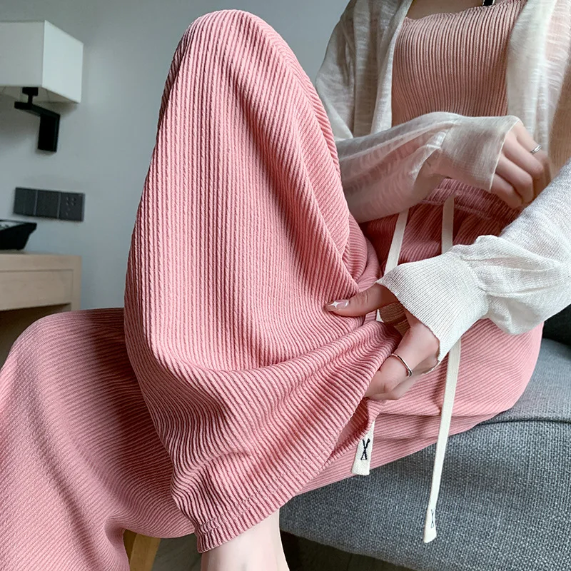 Damen-Hose mit weitem Bein, Frühling, hohe Taille, lockere lässige gerade Hose, volle Länge, Kordelzug, einfarbig, Schwarz, Rosa, Hose für Damen