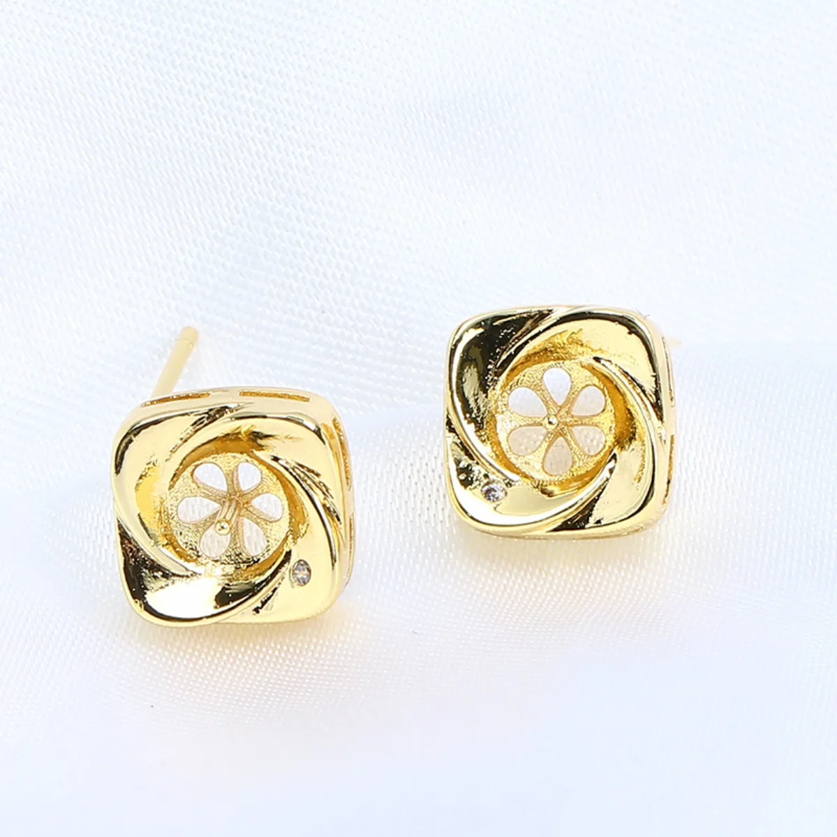 Brass 14K Gold Plated Square Zircon Earring Base, Minimalist Blank Setting For DIY Pearl Stud Earrings With S925 Silver Pin