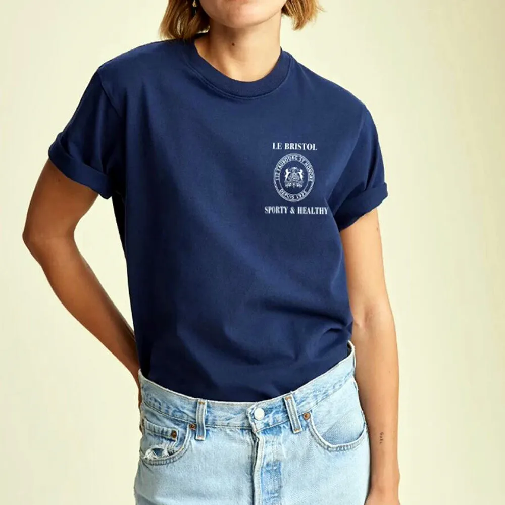 American Vintage Style Sport Club Printing Navy T Shirts Women Summer Short Sleeve Loose Cotton Tops 90's Street Fashion Tees