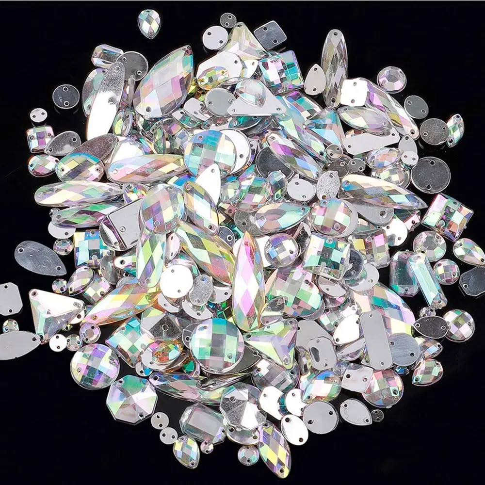 200Pcs Mixed Shape Crystal Sew On Rhinestones Gems Acrylic Flatback Diamante Stones Strass Sewing for Crafts DIY Handicrafts