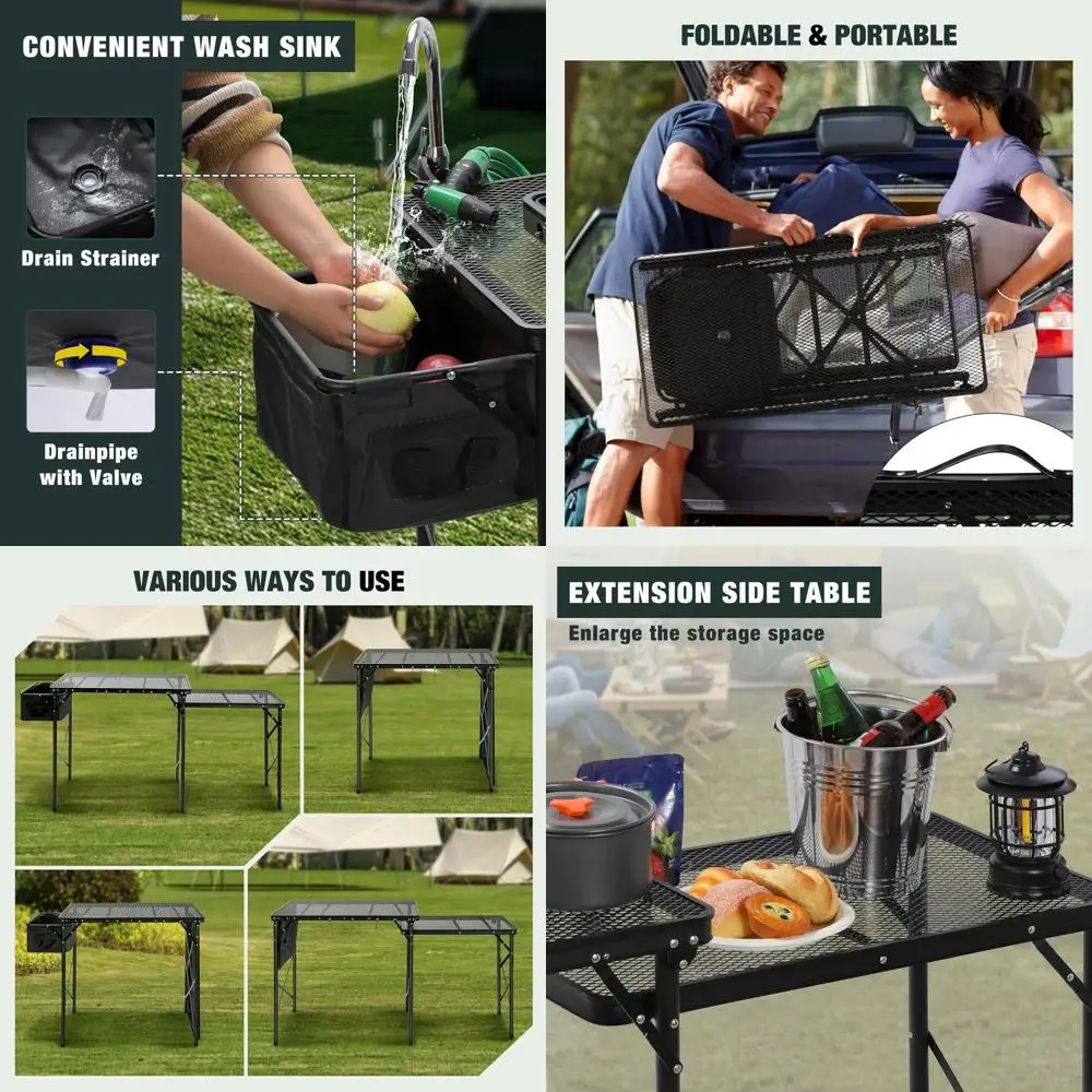 

Портативный складной кемпинговый стол с раковиной и крючками для приготовления пищи на открытом воздухе, барбекю и пикников