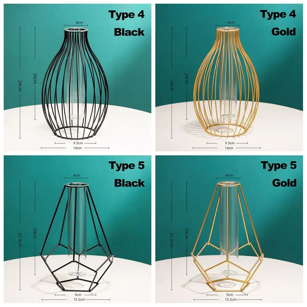 Retro Iron Art Vase Nordic Wrought Iron Glass Vase Black Gold Colors Hydroponic Flower Vase Geometric Line Frame Home Decoration