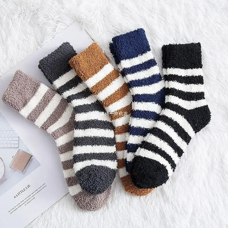 

1/5 пар мужских и женских зимних носков из кораллового флиса, модные полосатые, толстые, плюшевые, теплые, удобные домашние носки для мужчин