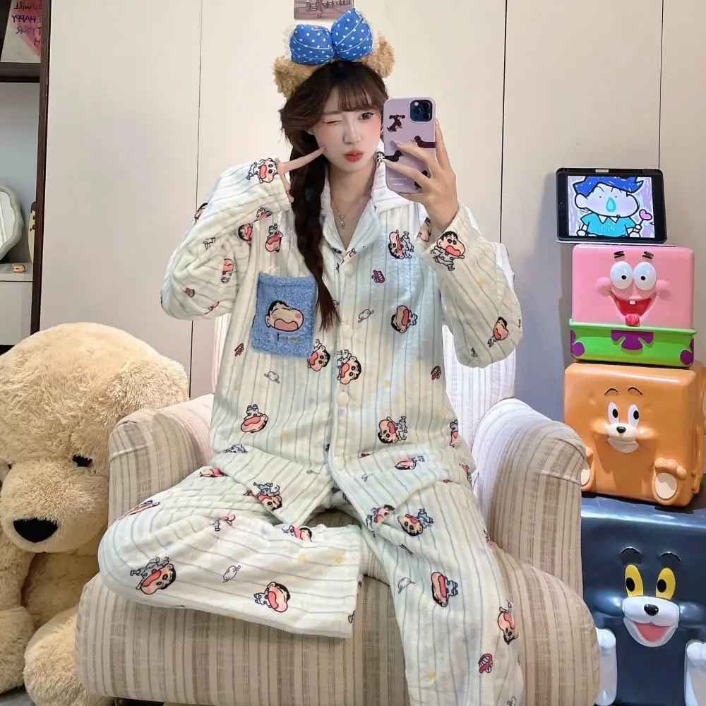 Anime Crayon Shin-Chan Kawaii Girls 2Pcs Plush Pajama Set Cartoon Winter Women Homewear Winter Thicken Girls Warm Nightwear