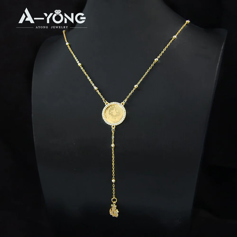 Arabische Mode Zirkonia-Halskette 21k Vergoldet Dubai Muslim Glücks-Münzen Halsketten Damen Vintage Ayatul Kursi Schmuck – Detail 8