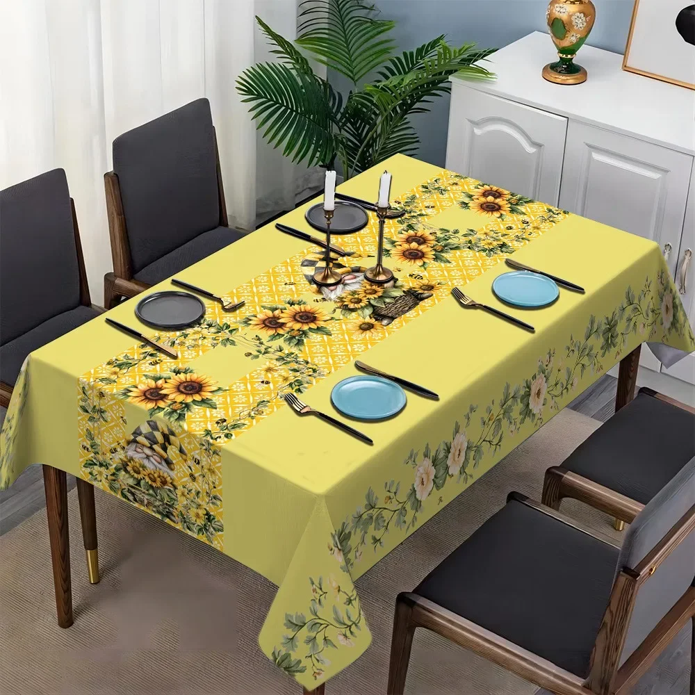 1pc Vibrant Sunflower Pattern Tablecloth - Yellow flower design, with green leaves, square polyester fabricxzj