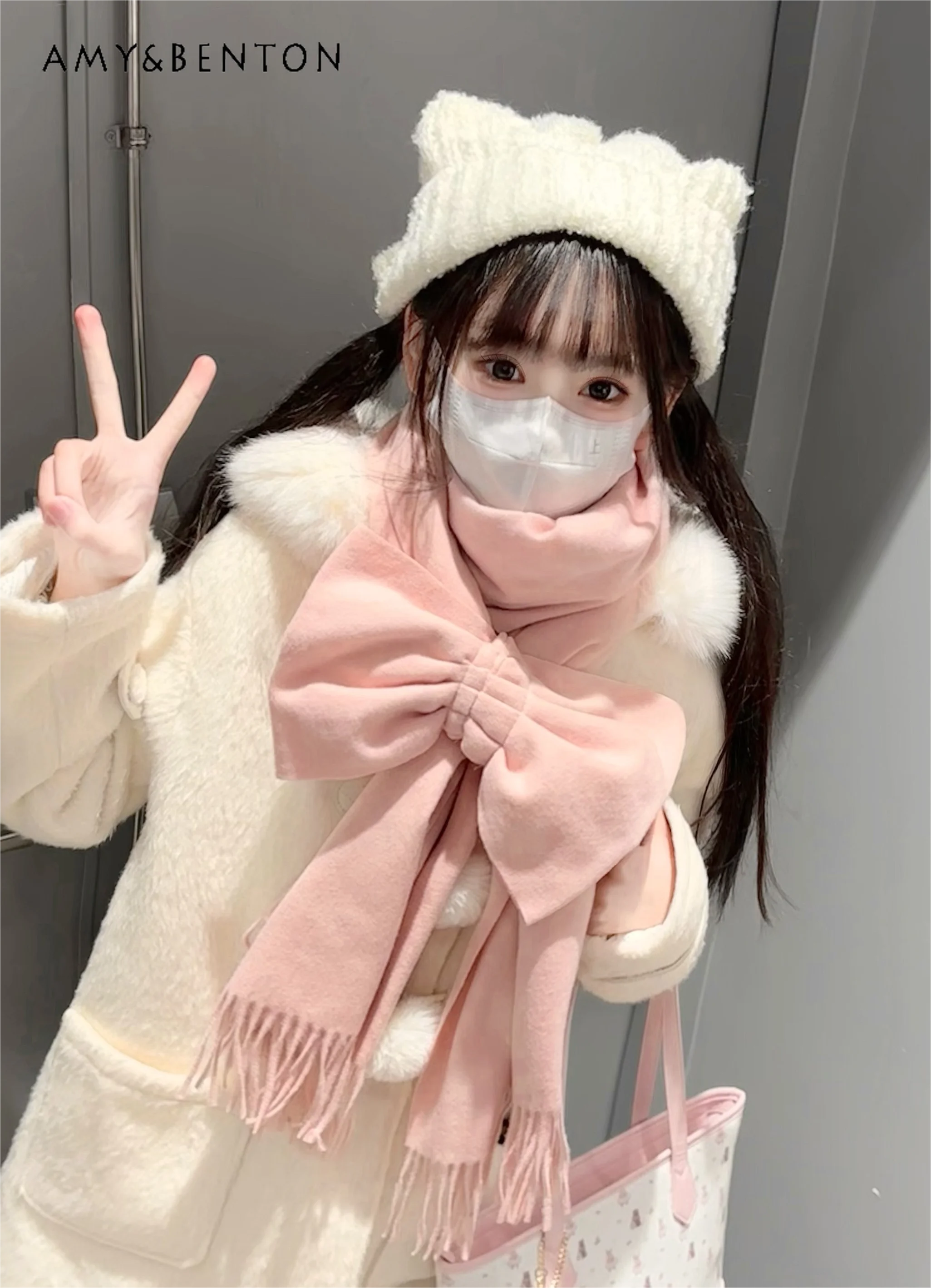 Sweet Girl Bow Scarf Women Winter New Cashmere Soft Tassel Cute Scarf Solid Color Versatile Warm Kawaii Scarf Student Female