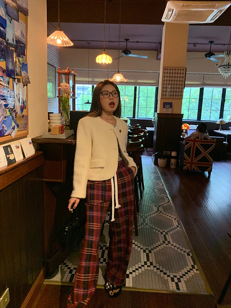 Red Plaid Woolen Wide Leg Pants Women's Elastic Waist Design Sensation Autumn Winter New Style Commute Korean Version Asymmet...