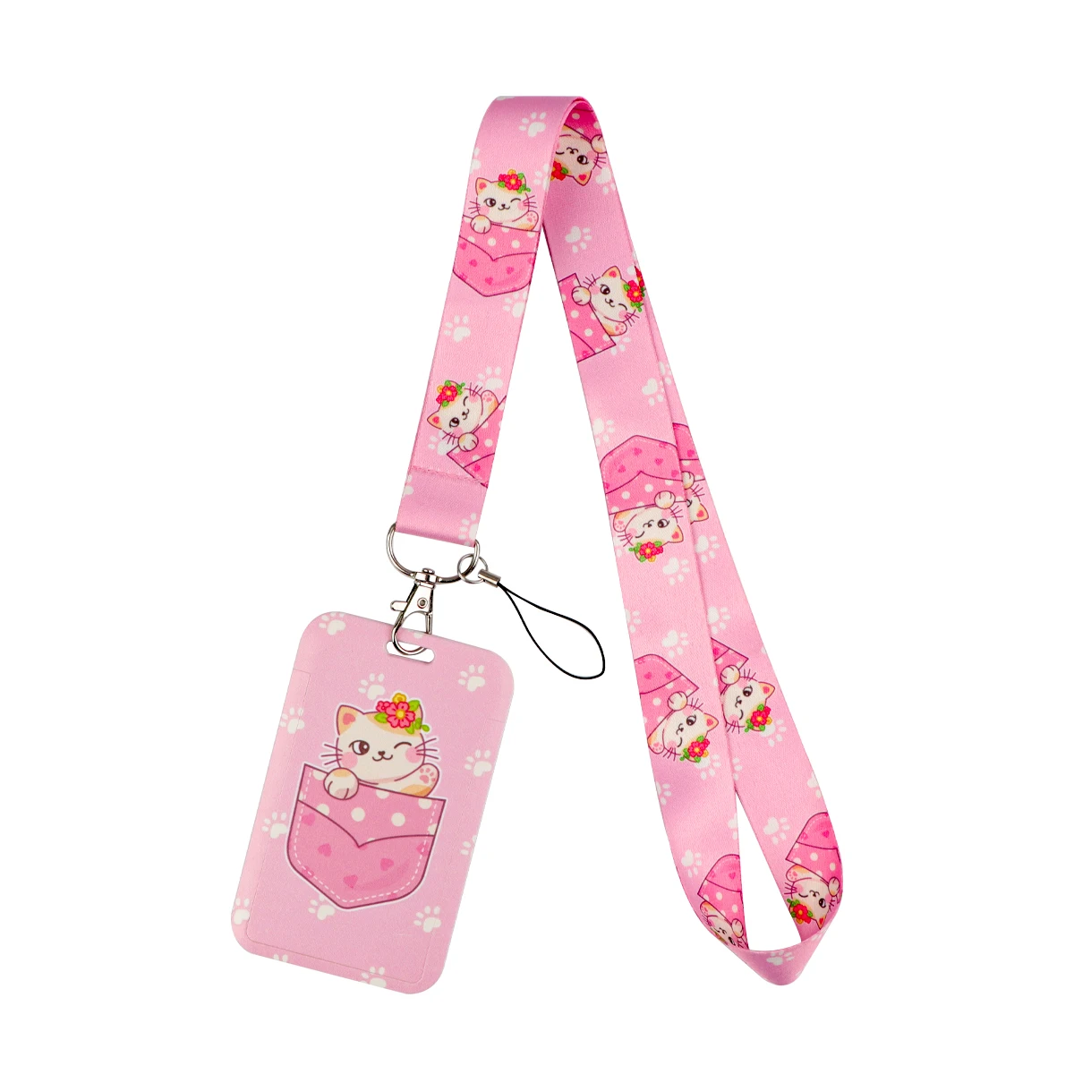 Pink Cat Mobile Phone Lanyard Card Holder Key Lanyard ID Card Cover Badge Holder Business Phone Key Lanyard Neck Strap Keychain