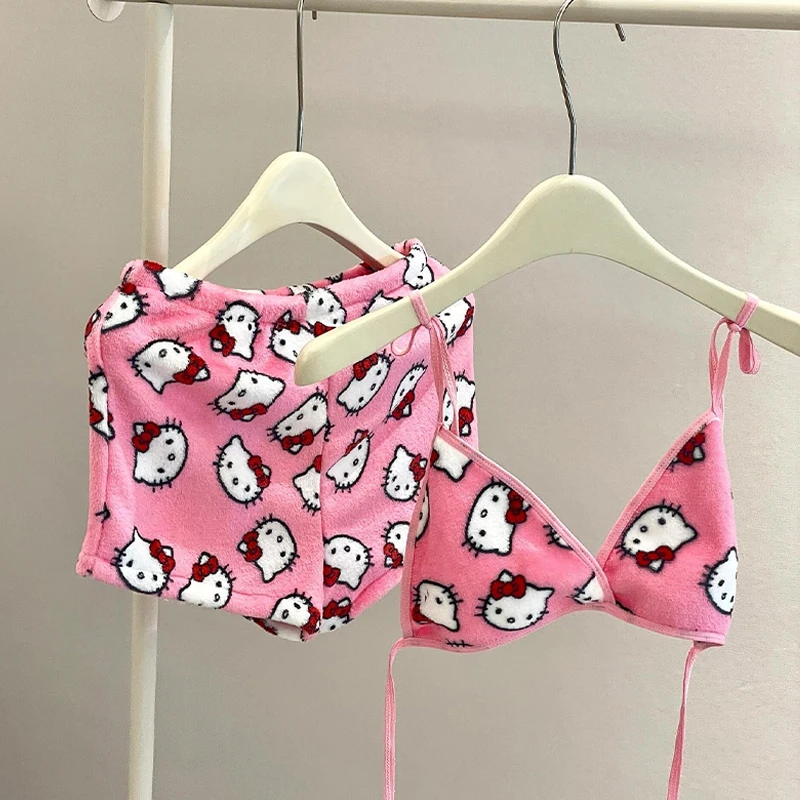 Плюшевый женский пижамный комплект Hello Kitty, одежда для сна, 2 шт., короткие майки и шорты, сексуальная домашняя одежда, женские розовые пижамы, комплекты с бюстгальтером