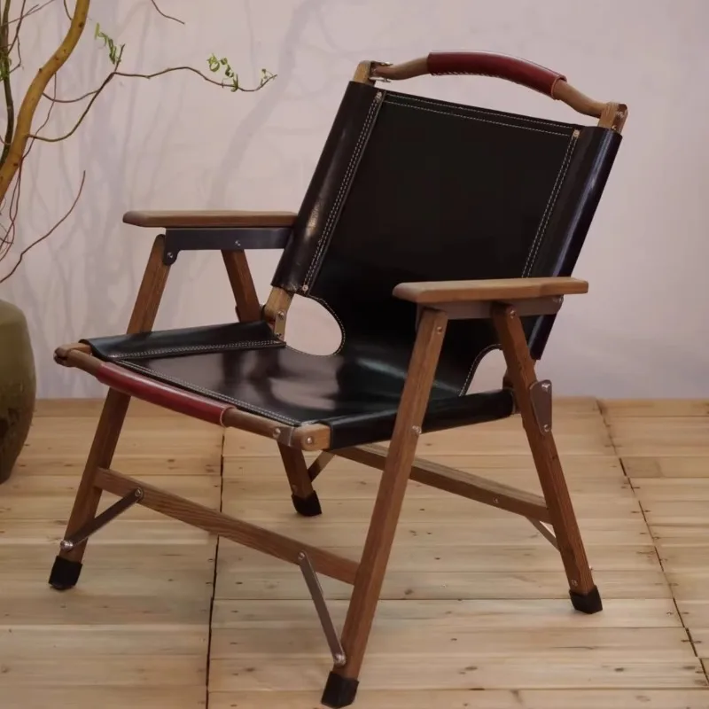 Outdoor camping folding chair first layer cowhide beach lounge chair foldable