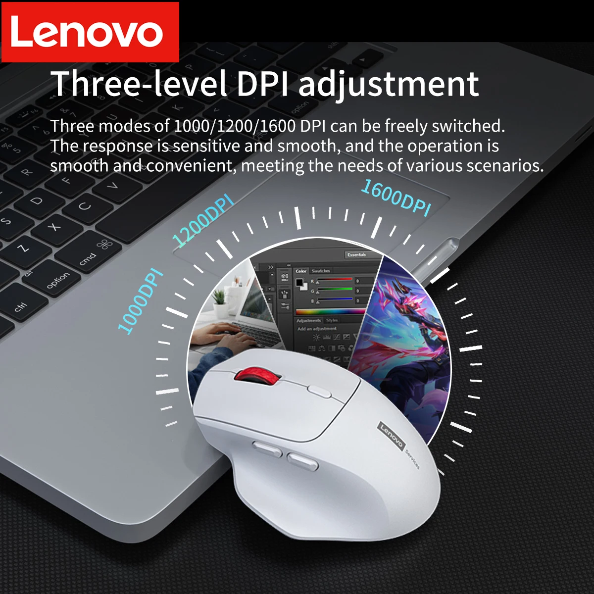 Lenovo Ergonomic Wireless Mouse 2.4G Rechargeable Silent Click Mice 3 Level DPI Big Battery Hidden Receiver For Laptop PC Office
