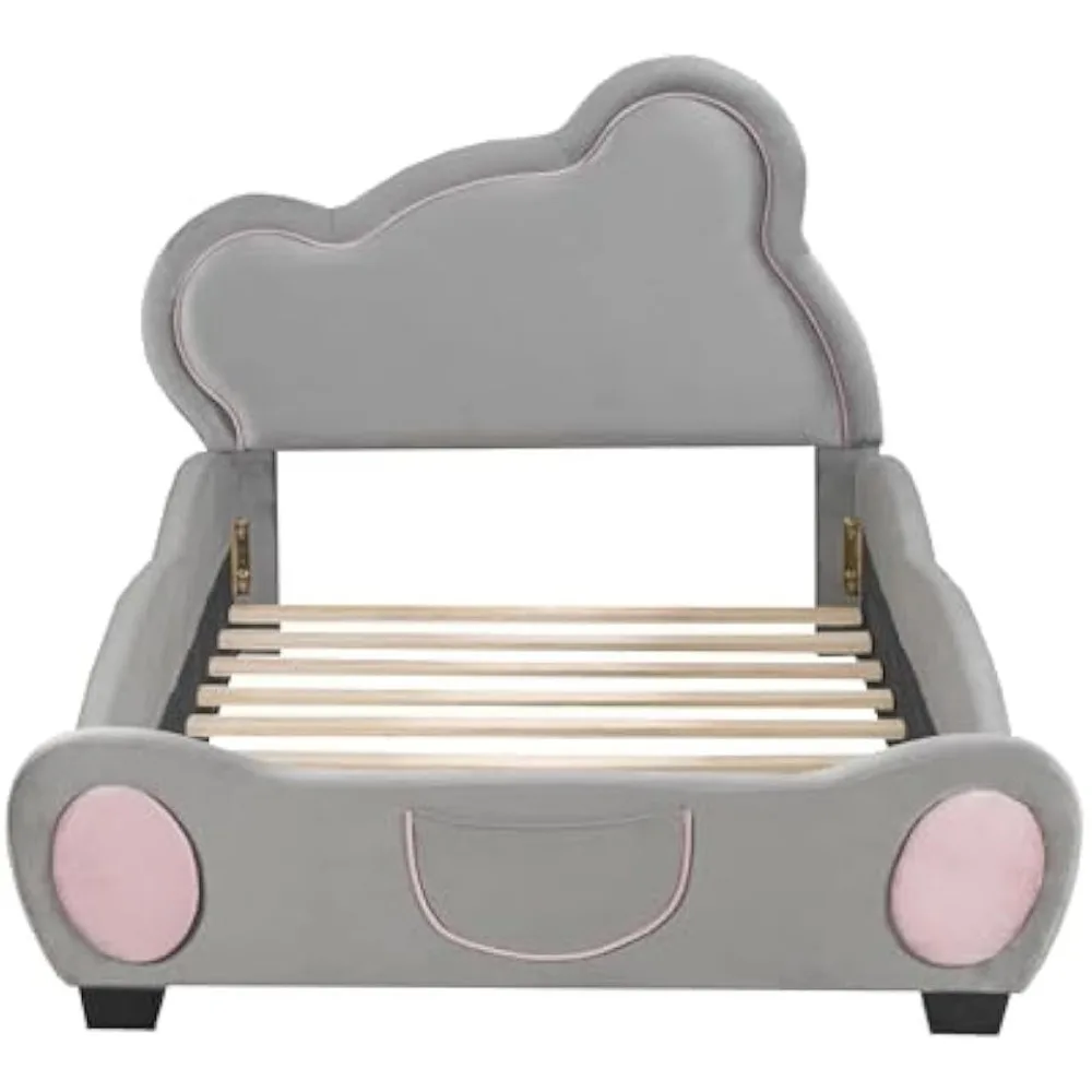 Grey Bear Shaped Plataforma Cama com bolsos de armazenamento, Kid-Friendly Cama com veludo Estofados, Twin Size