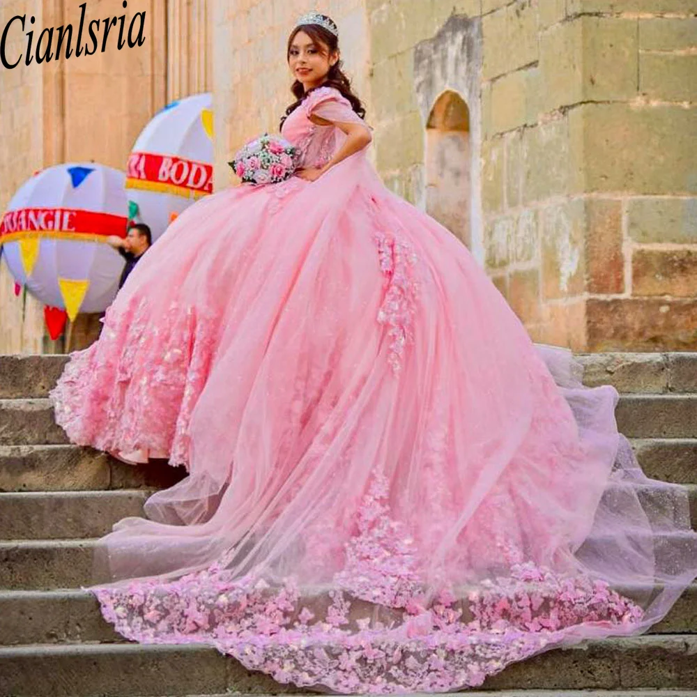 Pink Mexican Quinceanera Dresses Appliques Ball Gown Beaded Lace Sweet 16 Dress Princess Lace Up Vestido De 15 Años