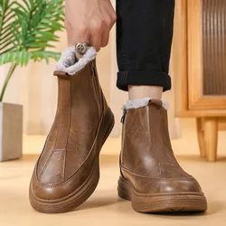 Male Winter Shoes Brown Leather Flat Men's Snow Boots British Style Waterproof Outdoor Hiking Fur Brands Luxury Comfortable Sale