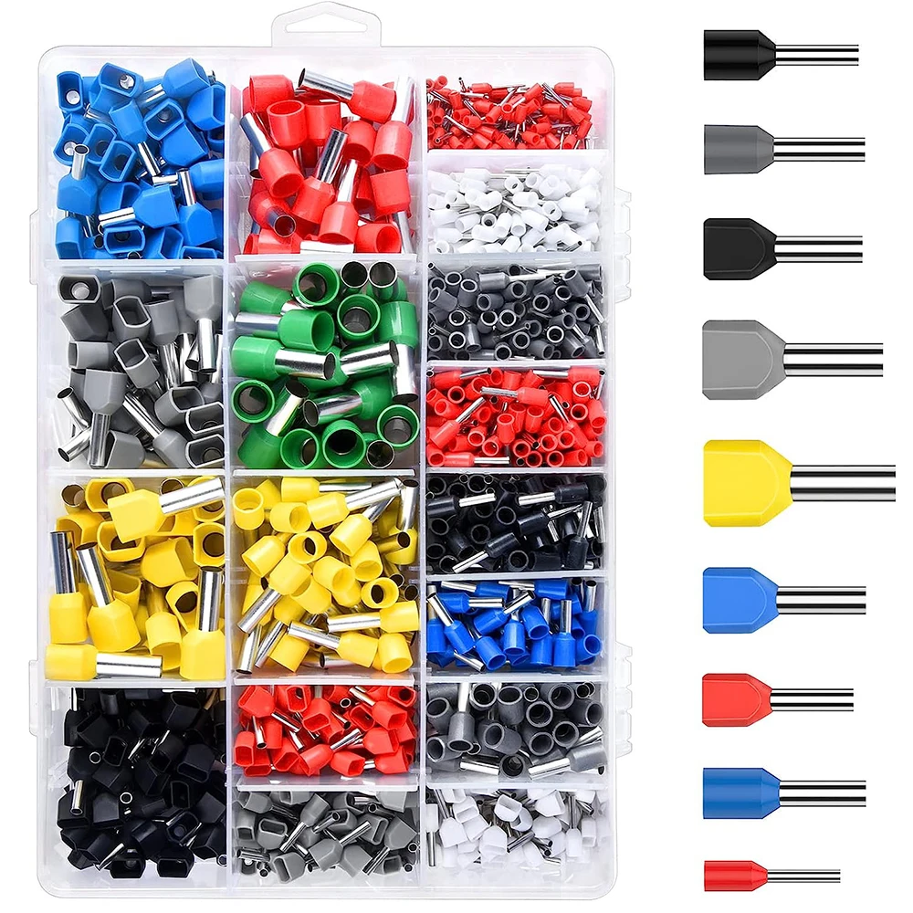 

1200pcs Ferrule Terminal Kit, Insulated Ferrule Crimp Connectors Ends Terminals Pins, Double Wire,Single-Line Ferrules AGW 23-6