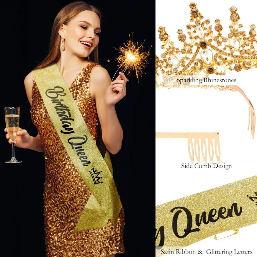 Barocke Strass-Geburtstagsköniginnen-Schärpe mit Krone, Tiara und Stirnband, Geburtstags-Schärpe mit Anstecknadel, Happy Birthday Party Dekoration – Detail 24