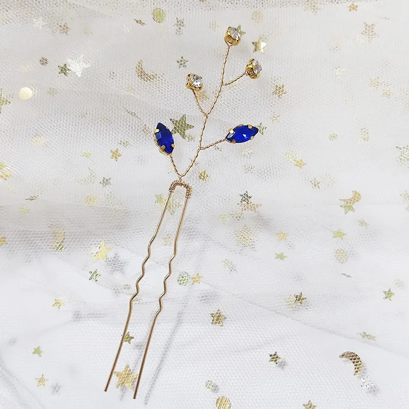 

Свадебные заколки для волос U-образной формы синего цвета с кристаллами, жемчугом и стразами, свадебные аксессуары для волос