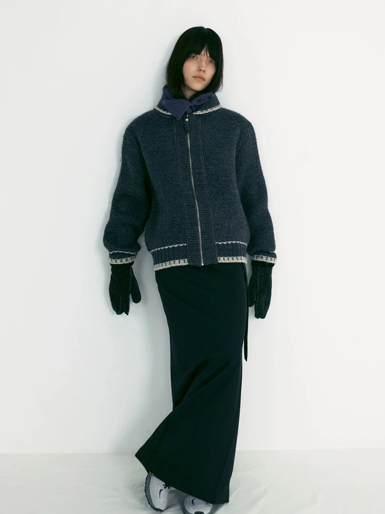 

Sle Zipper Front Doll Collar Knitted Open Cardigan Women's Loose Fit Color Blo Sweater Retro Sle Long Sve