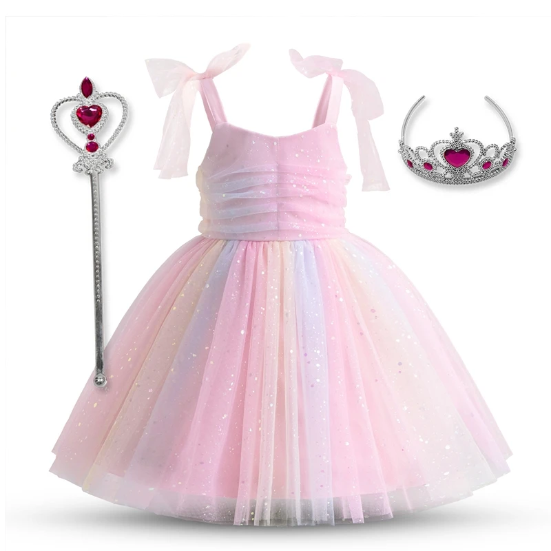 Dress for Kids Girl Babi Princess Dress for Baby Girl 2024 New Sequin Mesh Dress Kid\'s Casual Clothes Solid Bow Dresses for Girl