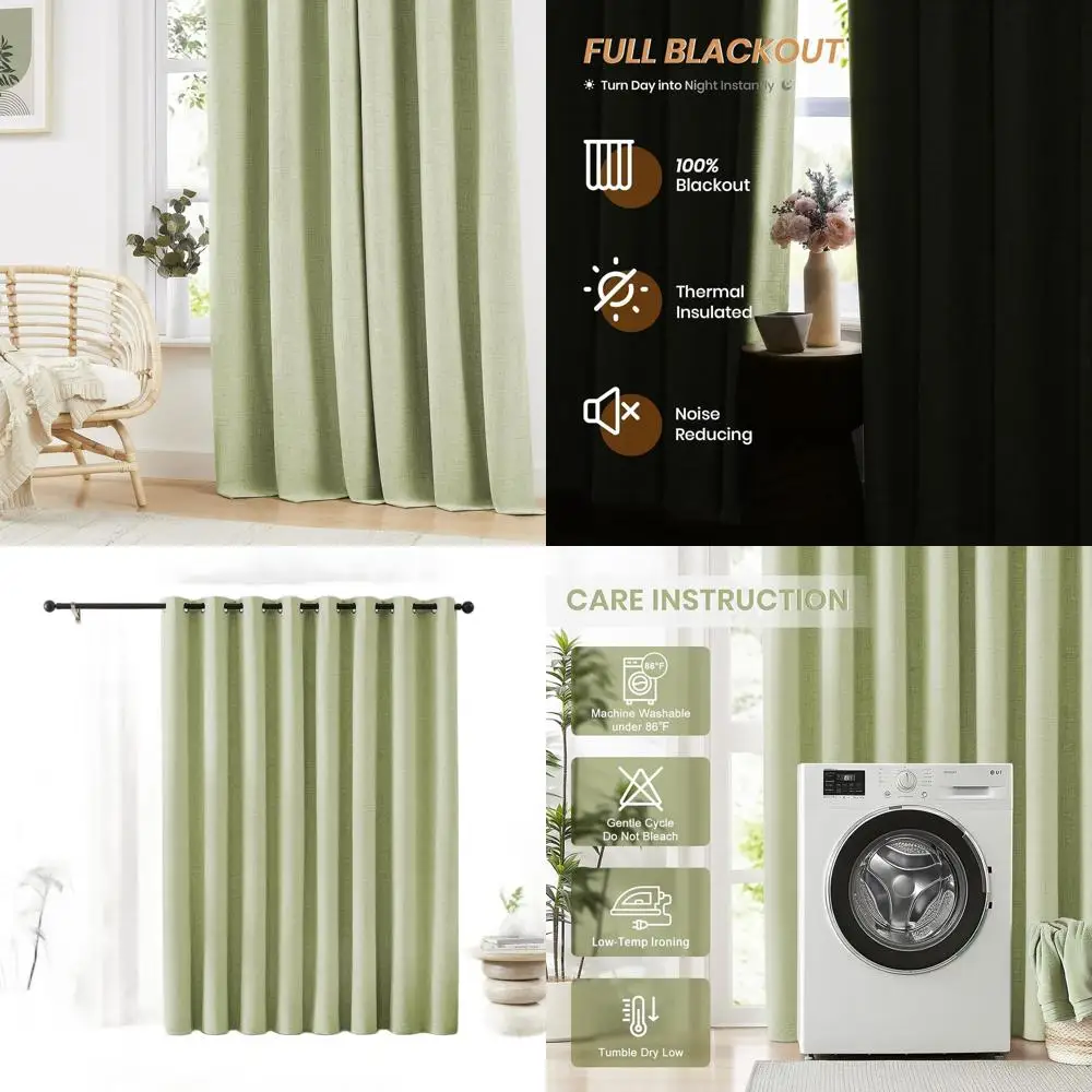 

Extra Wide Sage Green Linen Blackout Curtain, 100x84 inches, for Patio Door & Rooms, Thermal Insulated, Grommet Top, Farmhouse S