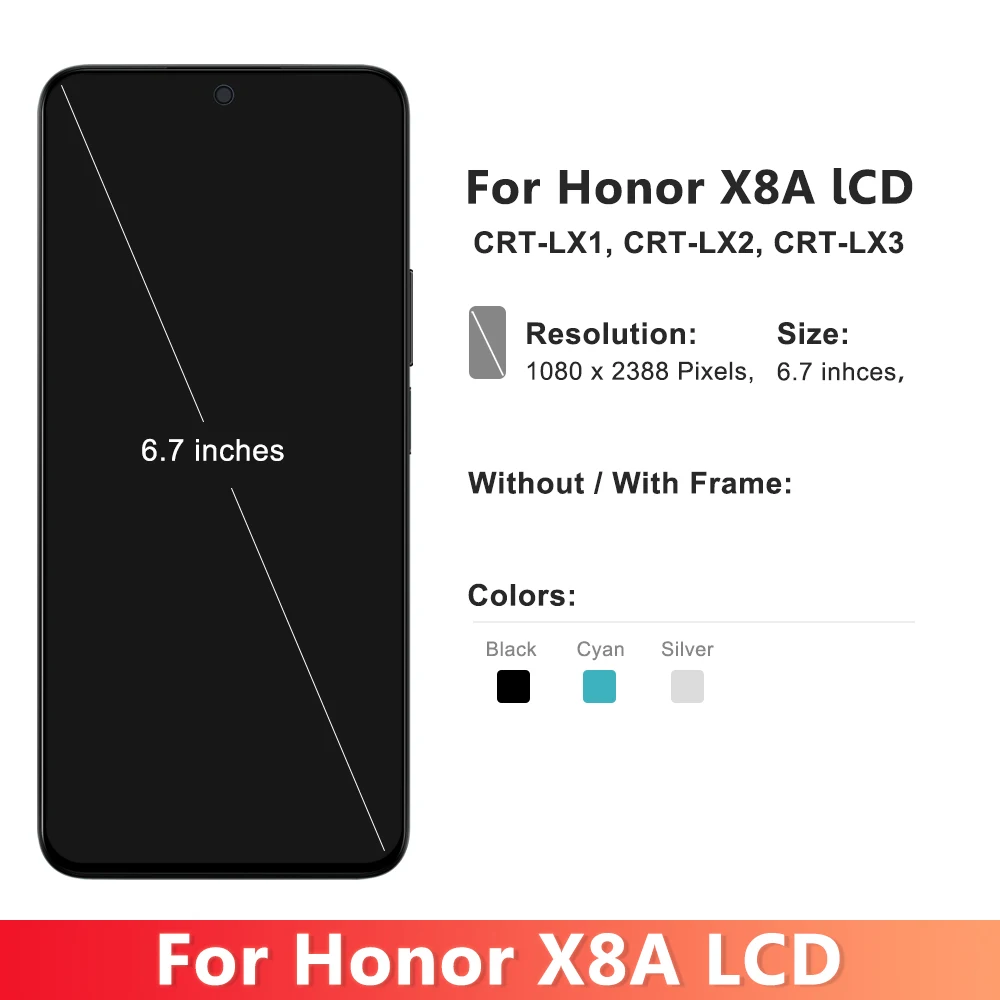 6.7\'\' OEM For Honor X8a LCD Display Touch Screen Digitizer Assembly For Honor X8a CRT-LX1 CRT-LX2 CRT-LX3 Screen With Frame