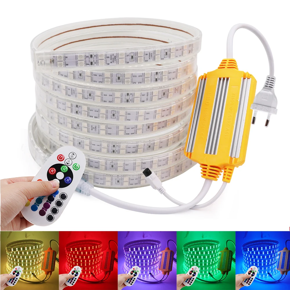 220V RGB LED Strip Light with 1500W 24Keys Controller 5050 60/120Leds/m Flexible LED Tape Waterproof LED Stripe Ribbon EU Plug