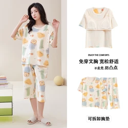 Summer Short Sleeve Sleepwear With Chest Pad 100%Cotton Women Pajamas Set Female Casual Pijamas Mujer